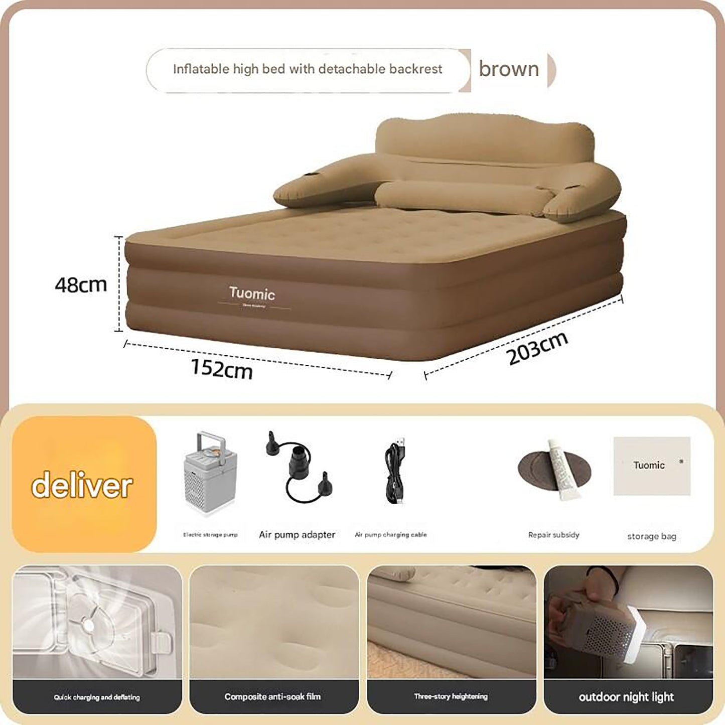 Gray 2 Persons Inflatable Mattress Camping Folding Home Outdoor Indoor Inflatable Mattress 48cm High Bed Lazy Laying Air Cushion