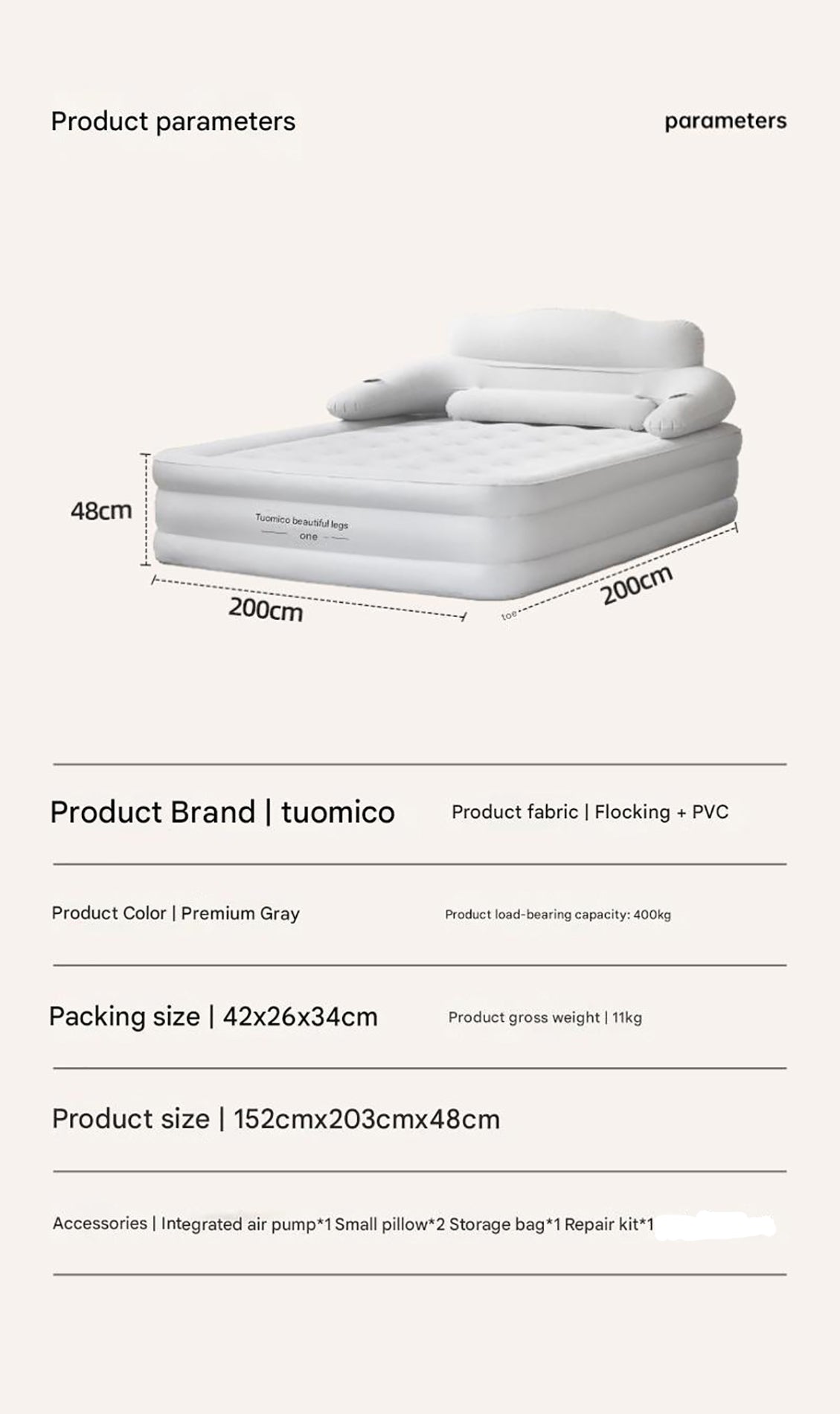 Gray 2 Persons Inflatable Mattress Camping Folding Home Outdoor Indoor Inflatable Mattress 48cm High Bed Lazy Laying Air Cushion