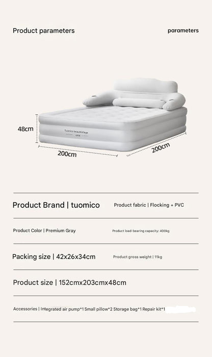 Gray 2 Persons Inflatable Mattress Camping Folding Home Outdoor Indoor Inflatable Mattress 48cm High Bed Lazy Laying Air Cushion