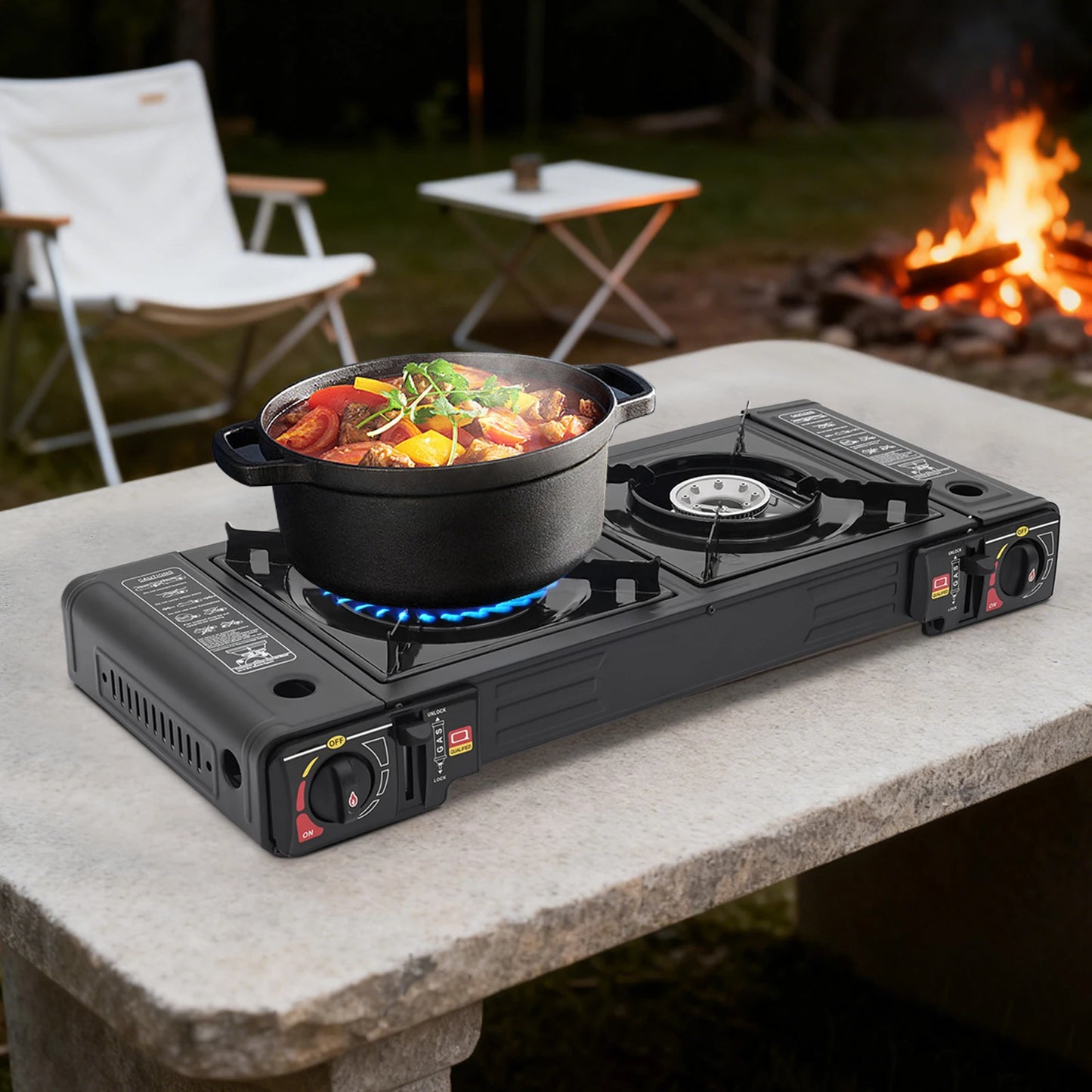 2 Burners Portable Camping Stove Butane Camping Stove Kit Outdoor Gas Stove 63*26*12cm for Picnics Yard Parties RVs