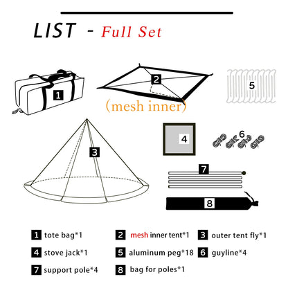 2 Persons Winter Pyramid Hot Tent Flame Retardant Large Outdoor Camping Waterproof Tipi Tent Lightweight Firewood Stove Tent