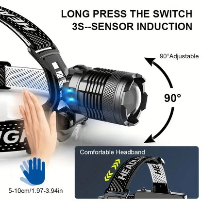 2024 Newest Powerful LED Headlamp 800W LED IR Sensor Rechargeable Headlight 3500M Super Bright Head Flashlight Fishing Lantern