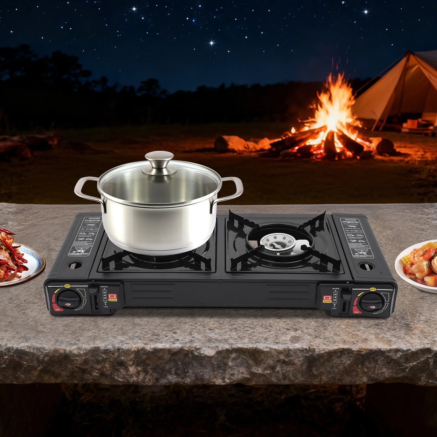 2 Burners Portable Camping Stove Butane Camping Stove Kit Outdoor Gas Stove 63*26*12cm for Picnics Yard Parties RVs