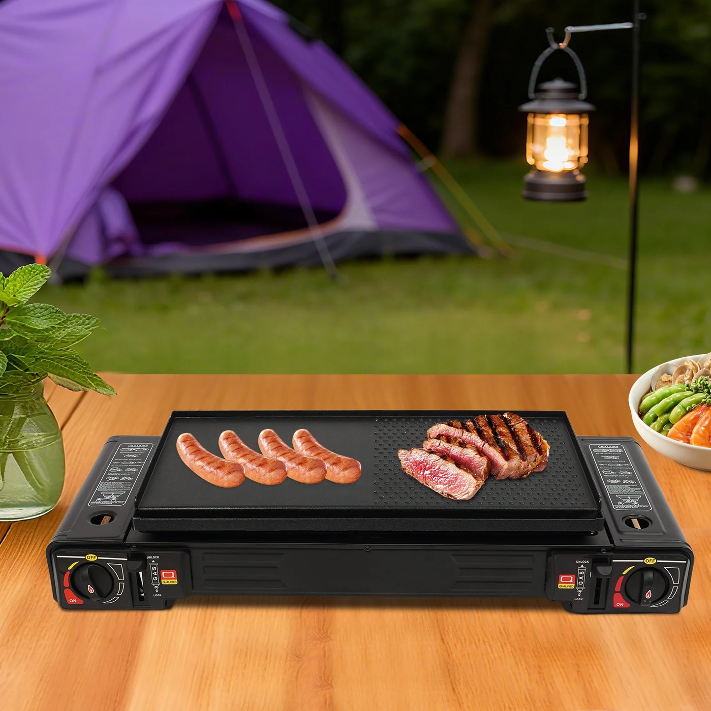 2 Burners Portable Camping Stove Butane Camping Stove Kit Outdoor Gas Stove 63*26*12cm for Picnics Yard Parties RVs