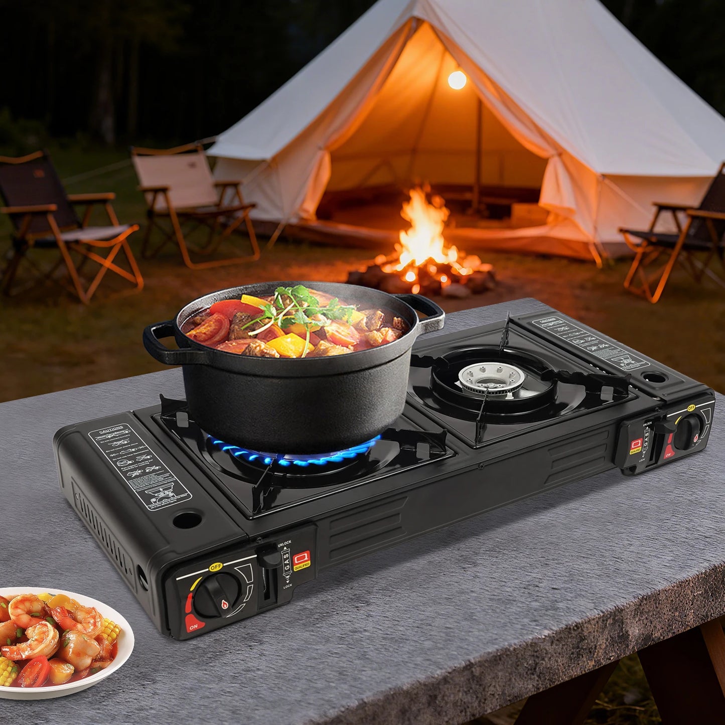 2 Burners Portable Camping Stove Butane Camping Stove Kit Outdoor Gas Stove 63*26*12cm for Picnics Yard Parties RVs