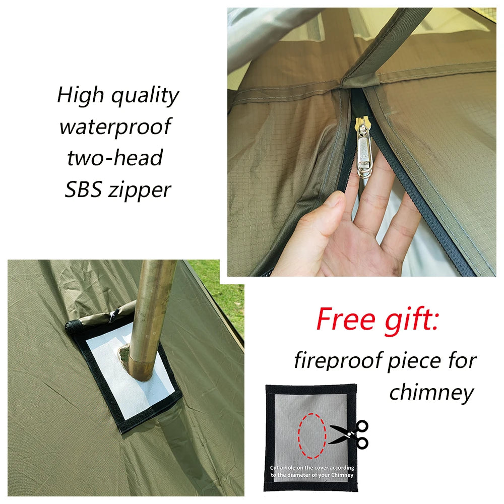 2 Persons Winter Pyramid Hot Tent Flame Retardant Large Outdoor Camping Waterproof Tipi Tent Lightweight Firewood Stove Tent