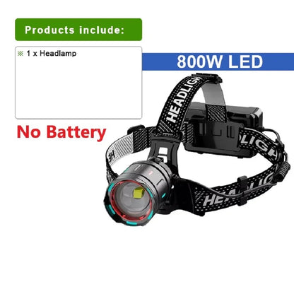 2025 New High Power 800W LED Headlight 500000000LM Super Bright Zoom Waterproof Headlamp Outdoor Camping Work Hunting Lantern