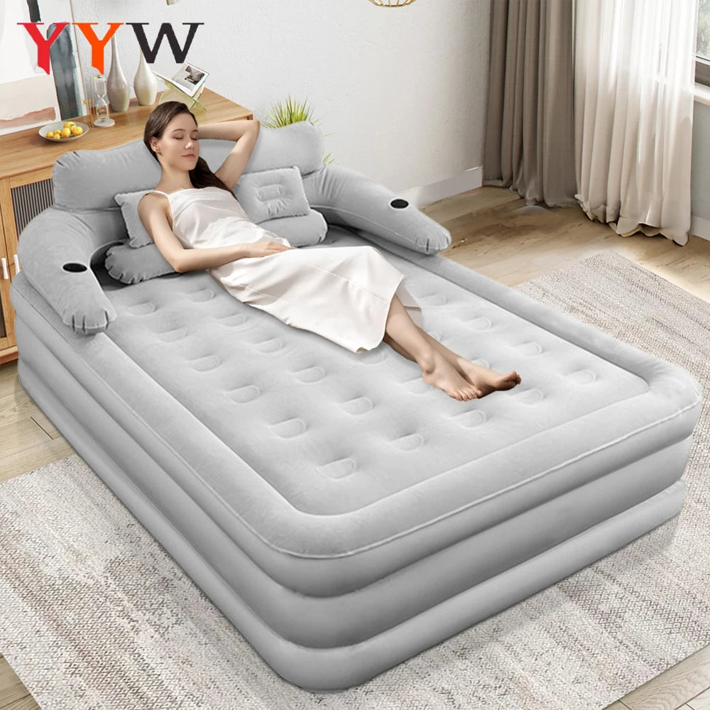 Gray 2 Persons Inflatable Mattress Camping Folding Home Outdoor Indoor Inflatable Mattress 48cm High Bed Lazy Laying Air Cushion