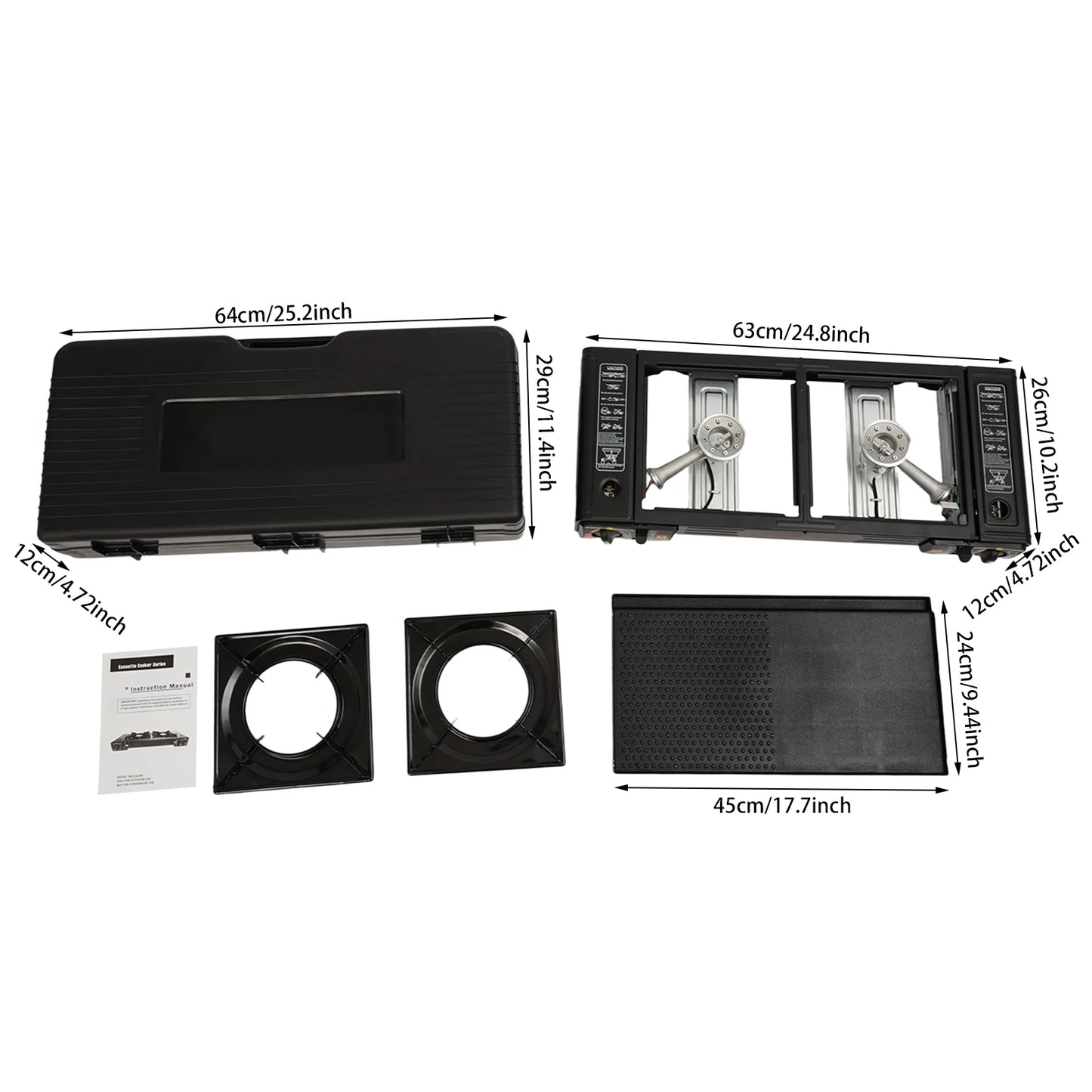 2 Burners Portable Camping Stove Butane Camping Stove Kit Outdoor Gas Stove 63*26*12cm for Picnics Yard Parties RVs