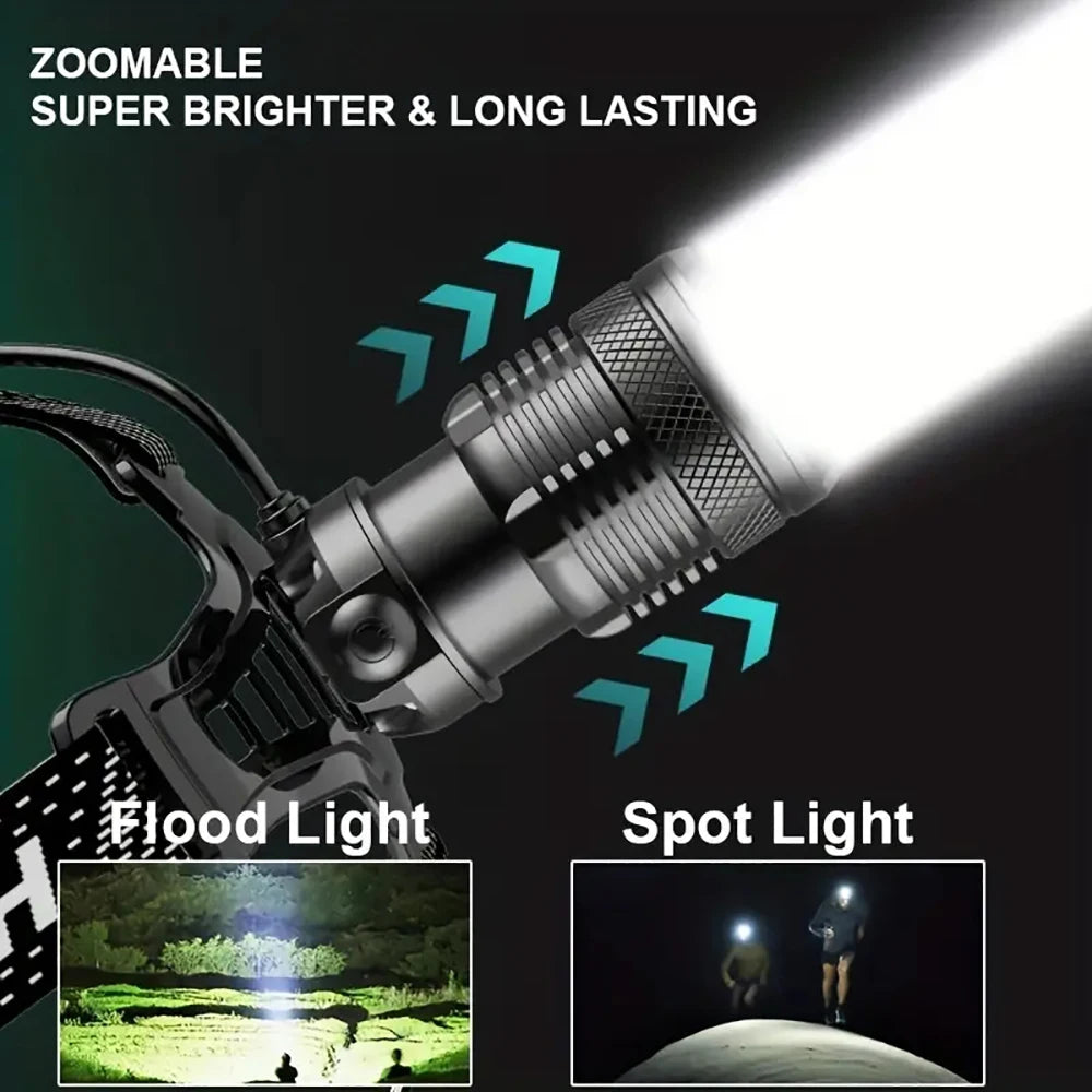 2024 Newest Powerful LED Headlamp 800W LED IR Sensor Rechargeable Headlight 3500M Super Bright Head Flashlight Fishing Lantern