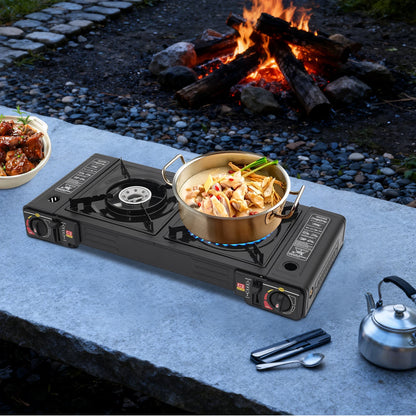 2 Burners Portable Camping Stove Butane Camping Stove Kit Outdoor Gas Stove 63*26*12cm for Picnics Yard Parties RVs