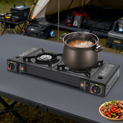 2 Burners Portable Camping Stove Butane Camping Stove Kit Outdoor Gas Stove 63*26*12cm for Picnics Yard Parties RVs