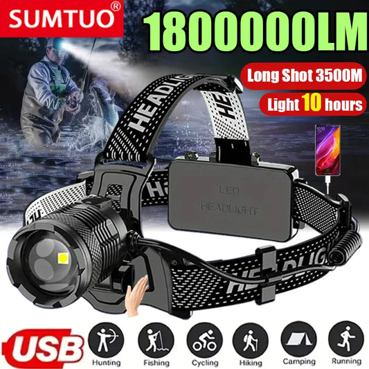 2024 Newest Powerful LED Headlamp 800W LED IR Sensor Rechargeable Headlight 3500M Super Bright Head Flashlight Fishing Lantern