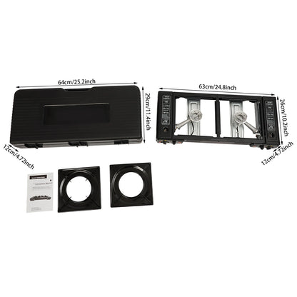 2 Burners Portable Camping Stove Butane Camping Stove Kit Outdoor Gas Stove 63*26*12cm for Picnics Yard Parties RVs