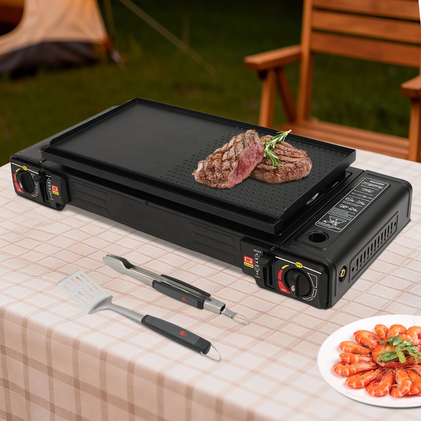 2 Burners Portable Camping Stove Butane Camping Stove Kit Outdoor Gas Stove 63*26*12cm for Picnics Yard Parties RVs