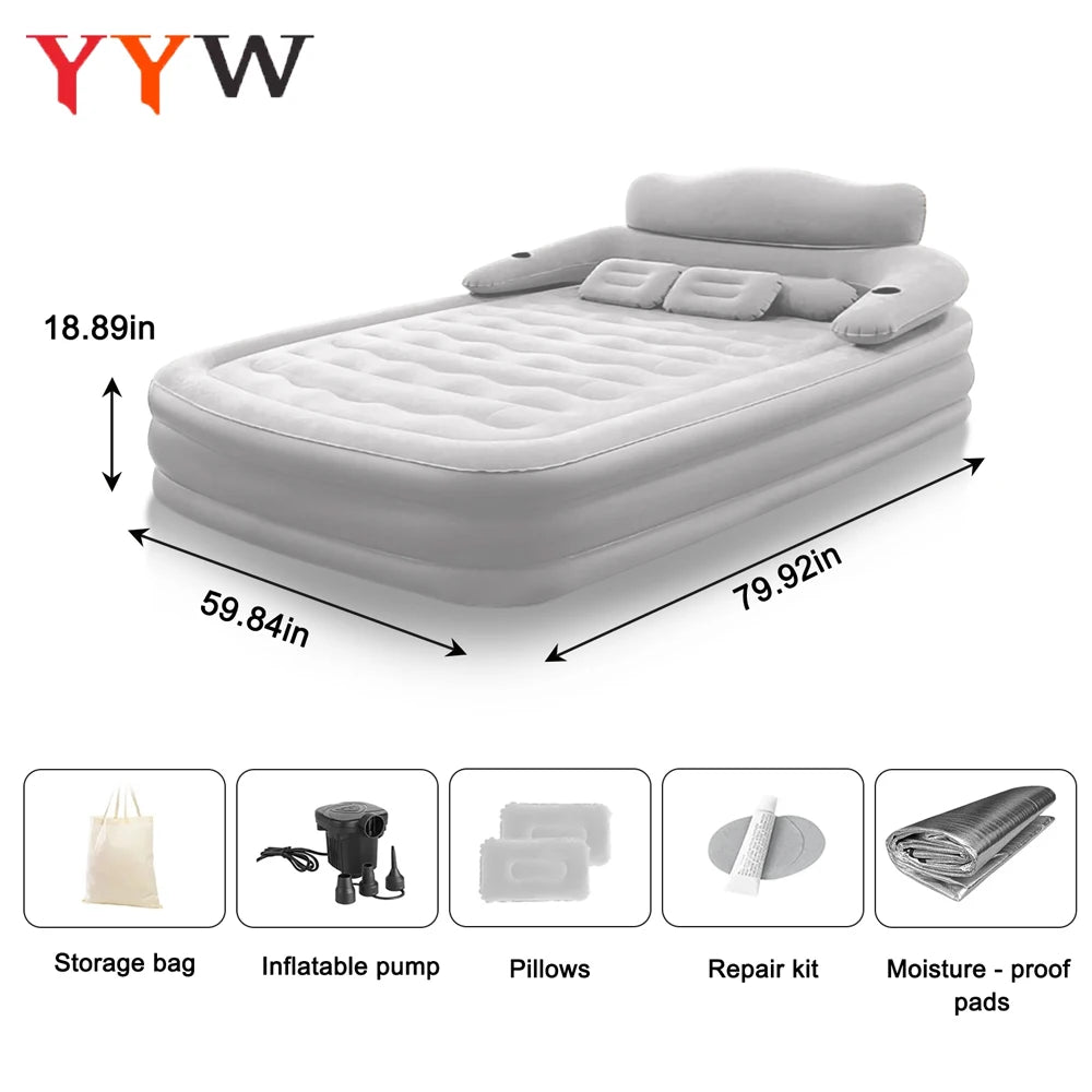 Gray 2 Persons Inflatable Mattress Camping Folding Home Outdoor Indoor Inflatable Mattress 48cm High Bed Lazy Laying Air Cushion