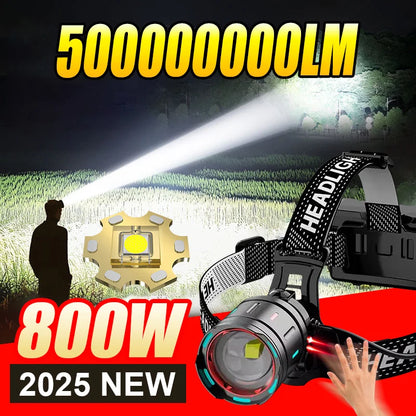2025 New High Power 800W LED Headlight 500000000LM Super Bright Zoom Waterproof Headlamp Outdoor Camping Work Hunting Lantern