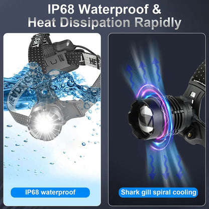 2024 Newest Powerful LED Headlamp 800W LED IR Sensor Rechargeable Headlight 3500M Super Bright Head Flashlight Fishing Lantern