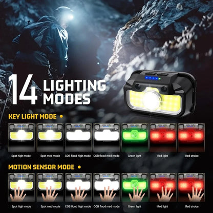 14 Modes Motion Sensor Rechargeable Headlight Waterproof Forehead Flashlight Fishing Light Front Head Lamp Led Camping Headlamp