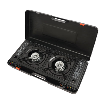 2 Burners Portable Camping Stove Butane Camping Stove Kit Outdoor Gas Stove 63*26*12cm for Picnics Yard Parties RVs