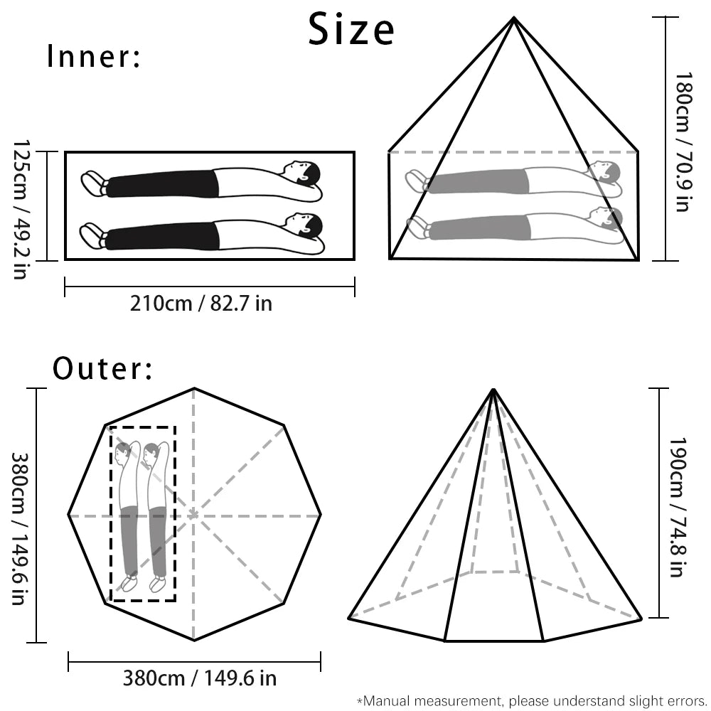 2 Persons Winter Pyramid Hot Tent Flame Retardant Large Outdoor Camping Waterproof Tipi Tent Lightweight Firewood Stove Tent