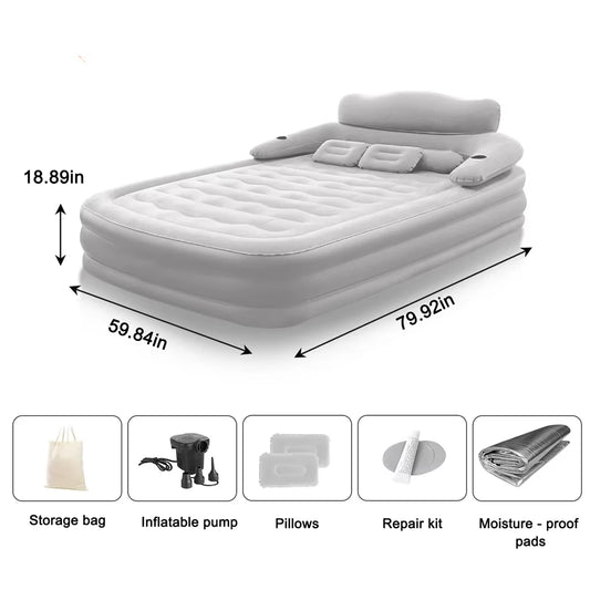 Gray 2 Persons Inflatable Mattress Camping Folding Home Outdoor Indoor Inflatable Mattress 48cm High Bed Lazy Laying Air Cushion